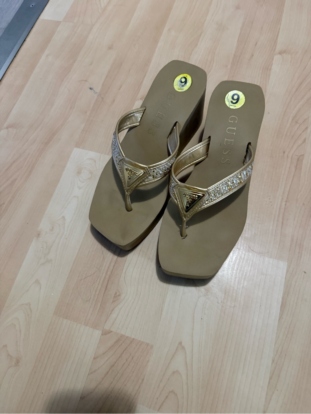 GUESS Gold Jeweled Wedge Thong Sandals